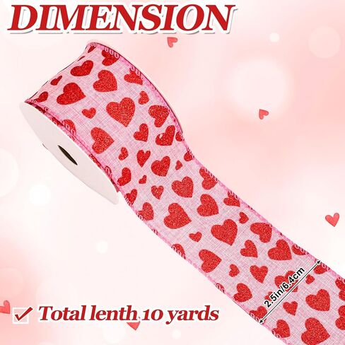Whaline Valentine's Day Wired Edge Ribbons Craft Ribbon Pink Red Glitter Heart Fabric Wrapping Ribbon for Bow Wreath Party Home Decor, 2.5 in, 10 Yards in Saudi Arabia