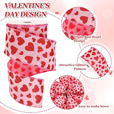 Whaline Valentine's Day Wired Edge Ribbons Craft Ribbon Pink Red Glitter Heart Fabric Wrapping Ribbon for Bow Wreath Party Home Decor, 2.5 in, 10 Yards in Saudi Arabia
