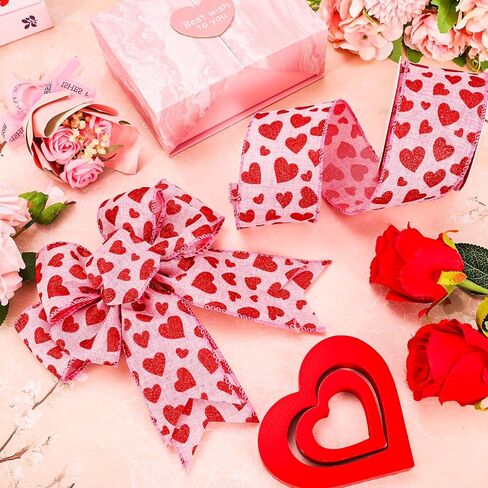 Whaline Valentine's Day Wired Edge Ribbons Craft Ribbon Pink Red Glitter Heart Fabric Wrapping Ribbon for Bow Wreath Party Home Decor, 2.5 in, 10 Yards in Saudi Arabia