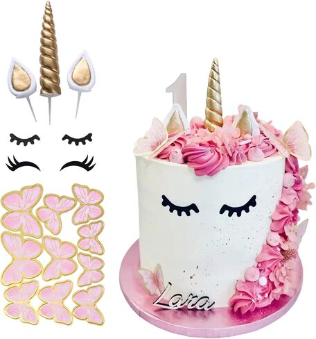 Unicorn Theme Cake Topper Set with Gold Horn, Ears, Eyelashes, Butterfly Decorations for Birthday, Baby Shower, Wedding Parties in Saudi Arabia