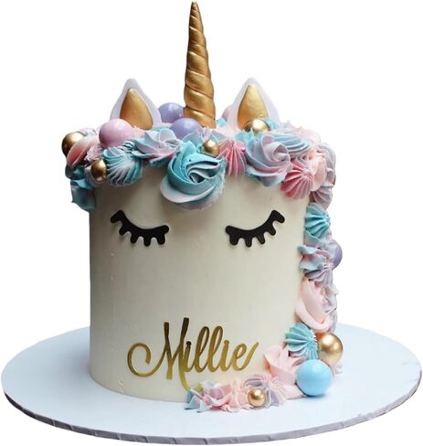 Unicorn Theme Cake Topper Set with Gold Horn, Ears, Eyelashes, Butterfly Decorations for Birthday, Baby Shower, Wedding Parties in Saudi Arabia