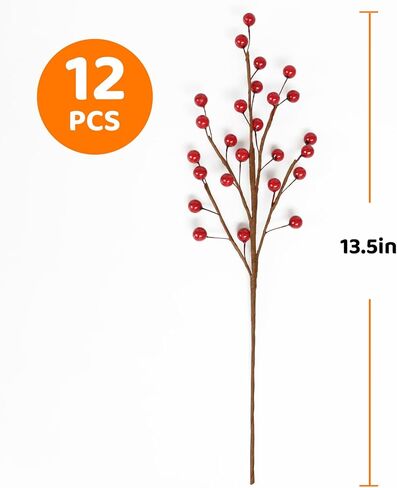 12pcs13.5 "سيقان التوت الأحمر لشجرة عيد الميلاد، اللقطات الخضراء الصناعية والبخاخات كزينة للعطلات، فروع حشو زارع التوت للمزارعين في الهواء الطلق دائمة الخضرة، ديكور عيد الميلاد مع in Kuwait
