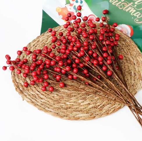 12pcs13.5 "سيقان التوت الأحمر لشجرة عيد الميلاد، اللقطات الخضراء الصناعية والبخاخات كزينة للعطلات، فروع حشو زارع التوت للمزارعين في الهواء الطلق دائمة الخضرة، ديكور عيد الميلاد مع in Kuwait