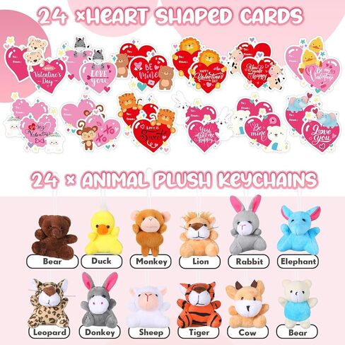 Hanaive 24 Pack Valentine Stuffed Animals Bulk for Kids with Heart Cards Mini Animal Plush Keychain Set Cute Valentine‘s Day Party Favors for Students Exchange Gifts Classroom Game Prize in Saudi Arabia