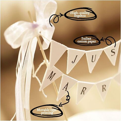 أغطية كعكة متزوجة فقط، قطعة علوية من الكعكة ريفية عتيقة متزوجة فقط، زينة كعكة الزفاف إكليل أو رايات الجبن، قوس من القماش القطني الرومانسي المصنوع يدويًا، شرابة، أعلام راية، عمود خشبي in Kuwait