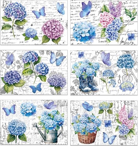 6 Sheets Vintage Floral Rub on Transfers, Blue Blooming Hydrangeas Rub on Transfer for Crafts and Furniture, Flowers Butterflies Stickers Decal for DIY Wood Furniture Wall Office Decor 11.8 x 7.9 Inch in Saudi Arabia
