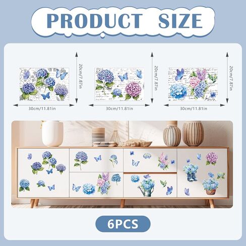 6 Sheets Vintage Floral Rub on Transfers, Blue Blooming Hydrangeas Rub on Transfer for Crafts and Furniture, Flowers Butterflies Stickers Decal for DIY Wood Furniture Wall Office Decor 11.8 x 7.9 Inch in Saudi Arabia