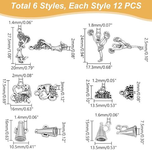 UNICRAFTALE حوالي 72 قطعة من سلسلة التشجيع المعلقات 6 أنماط سحر التشجيع المعدنية سحر الرياضة المدرسية مع حلقة العتيقة الفضة الجمباز سحر DIY القرط قلادة سوار صنع المجوهرات in Kuwait