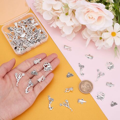 UNICRAFTALE حوالي 72 قطعة من سلسلة التشجيع المعلقات 6 أنماط سحر التشجيع المعدنية سحر الرياضة المدرسية مع حلقة العتيقة الفضة الجمباز سحر DIY القرط قلادة سوار صنع المجوهرات in Kuwait