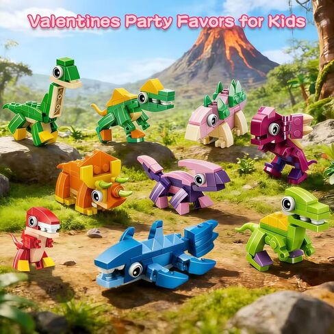 Pinkcow Valentines Day Gifts for Kids Classroom - 3-in-1 Dinosaur Building Blocks with Valentines Cards for Toddler Class School Exchange - Dinosaur Toys for Party Favors, Boys Girls - 24 Packs in Saudi Arabia