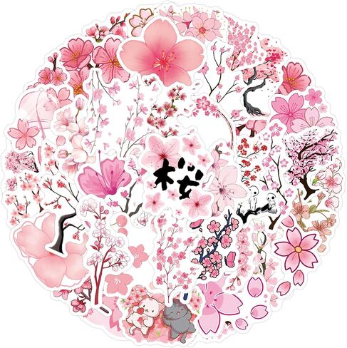 Sakura Stickers, 50PCs Pack, Cherry Blossom Waterproof Vinyl Decals for Laptop, Hydro Flask, Water Bottle Phone Stickers for Teens, Durable Party Supply Decals as Gifts (Sakura) in Saudi Arabia