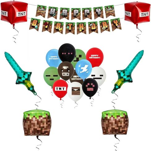 بالونات زينة لأعياد الميلاد السعيدة من بيكسل مع لافتة، مستلزمات الحفلات ذات طابع ألعاب الفيديو بكسل in Saudi Arabia