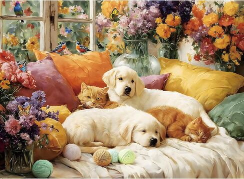 500 Pieces Puzzle for Adults, Spring Puzzles for Adults 500 Pieces, Animal Dog Cat Flower Jigsaw Puzzle, Challenging Puzzle Perfect for Game Nights, 20.5 X 15 in in Kuwait