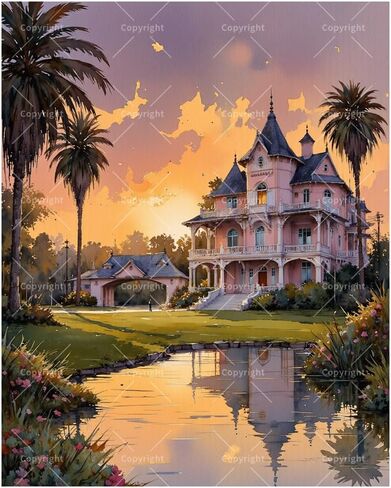 TAOPAOLAB Victorian Mansion Paint by Numbers Kit for Adults - DIY Luxury Pink Castle with Palm Trees Painting on Canvas 16x20in, Acrylic Paint Set, Suitable for Beginners, Art for Decoration or Gifts in Saudi Arabia