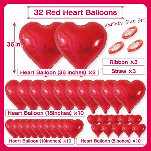 32 PCS Red Heart Foil Balloons Set – Jumbo 36 Inch, 18 Inch, 10 Inch, 5 Inch Heart Balloons – Valentine’s Day, Wedding, Anniversary, Birthday Party Decorations in Saudi Arabia