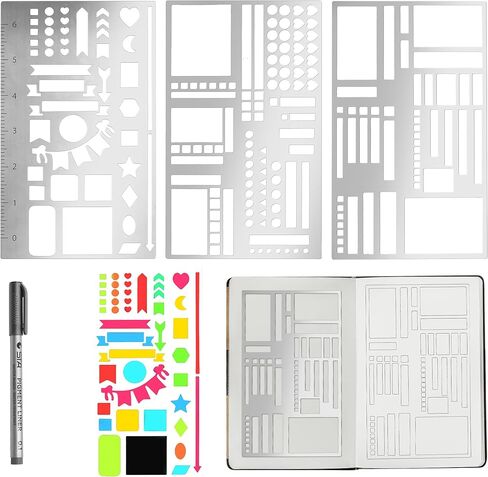 مجموعة استنسل معدنية مكونة من 3 قطع - قوالب استنسل للمجلات مع مسطرة لتدوين الرصاصات، وتتبع العادات، والفروق الأسبوعية والشهرية، وملحقات أجهزة الكمبيوتر المحمول مقاس A5، وتصميم من الفولاذ المقاوم للصدأ (قلم واحد) in Kuwait