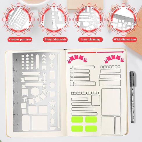 مجموعة استنسل معدنية مكونة من 3 قطع - قوالب استنسل للمجلات مع مسطرة لتدوين الرصاصات، وتتبع العادات، والفروق الأسبوعية والشهرية، وملحقات أجهزة الكمبيوتر المحمول مقاس A5، وتصميم من الفولاذ المقاوم للصدأ (قلم واحد) in Kuwait