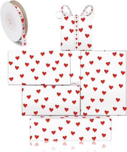 Valentine's Day Romantic Wrapping Paper Red Hearts On White Wrapping Paper Set of 4 Folded Flat Sheets With Matched Silk Red Hearts On White Ribbon for Wedding Anniversary Baby Shower Birthday Holiday Gift Packing, 20 x 28 Inch in Saudi Arabia