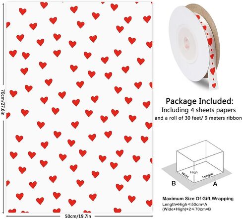 Valentine's Day Romantic Wrapping Paper Red Hearts On White Wrapping Paper Set of 4 Folded Flat Sheets With Matched Silk Red Hearts On White Ribbon for Wedding Anniversary Baby Shower Birthday Holiday Gift Packing, 20 x 28 Inch in Saudi Arabia