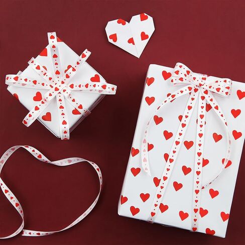 Valentine's Day Romantic Wrapping Paper Red Hearts On White Wrapping Paper Set of 4 Folded Flat Sheets With Matched Silk Red Hearts On White Ribbon for Wedding Anniversary Baby Shower Birthday Holiday Gift Packing, 20 x 28 Inch in Saudi Arabia