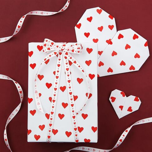 Valentine's Day Romantic Wrapping Paper Red Hearts On White Wrapping Paper Set of 4 Folded Flat Sheets With Matched Silk Red Hearts On White Ribbon for Wedding Anniversary Baby Shower Birthday Holiday Gift Packing, 20 x 28 Inch in Saudi Arabia