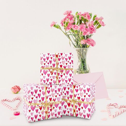 Valentine's Day Wrapping Paper -Mini Roll- 17 In x 32.8 Ft Watercolor Pink Heart Gift Wrap Paper for Wedding Anniversary Baby Shower Birthday Party DIY Crafts in Saudi Arabia
