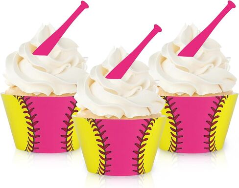 Whaline 36 Pcs Softball Cupcake Wrappers and Toppers Pink Bat Cupcake Liners Decorative Dessert Holders for Sweet Sport Party Cake Decoration in Saudi Arabia