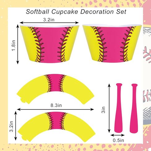 Whaline 36 Pcs Softball Cupcake Wrappers and Toppers Pink Bat Cupcake Liners Decorative Dessert Holders for Sweet Sport Party Cake Decoration in Saudi Arabia