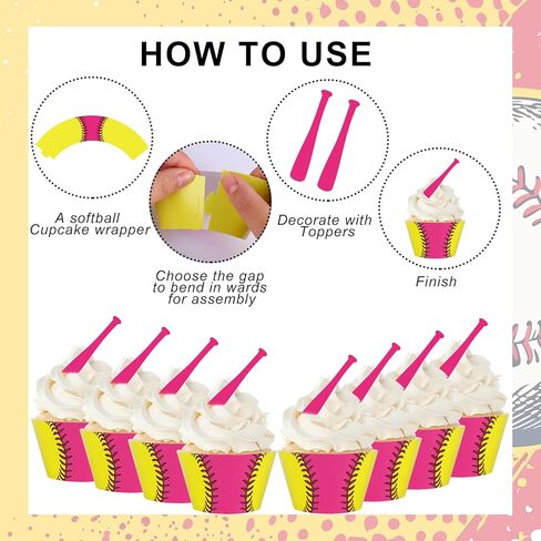 Whaline 36 Pcs Softball Cupcake Wrappers and Toppers Pink Bat Cupcake Liners Decorative Dessert Holders for Sweet Sport Party Cake Decoration in Saudi Arabia