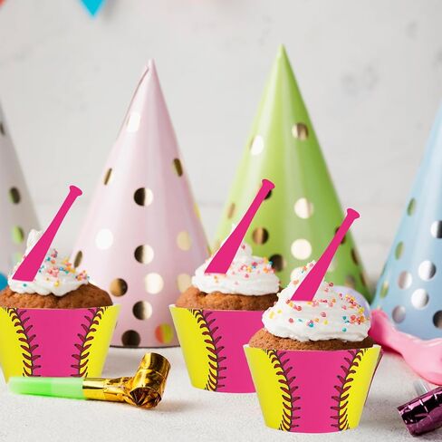Whaline 36 Pcs Softball Cupcake Wrappers and Toppers Pink Bat Cupcake Liners Decorative Dessert Holders for Sweet Sport Party Cake Decoration in Saudi Arabia
