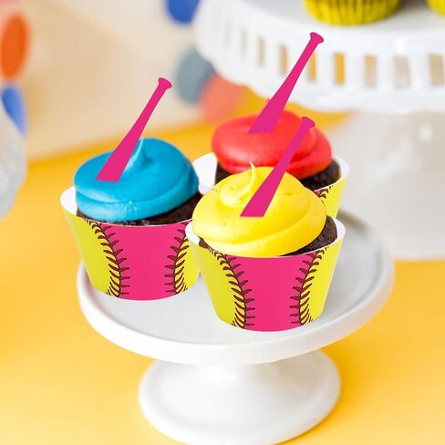 Whaline 36 Pcs Softball Cupcake Wrappers and Toppers Pink Bat Cupcake Liners Decorative Dessert Holders for Sweet Sport Party Cake Decoration in Saudi Arabia