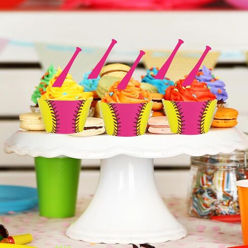 Whaline 36 Pcs Softball Cupcake Wrappers and Toppers Pink Bat Cupcake Liners Decorative Dessert Holders for Sweet Sport Party Cake Decoration in Saudi Arabia