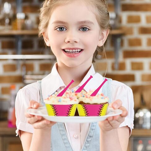 Whaline 36 Pcs Softball Cupcake Wrappers and Toppers Pink Bat Cupcake Liners Decorative Dessert Holders for Sweet Sport Party Cake Decoration in Saudi Arabia