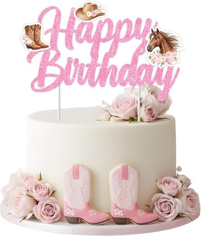Cheereveal Western Cowgirl Birthday Cake Topper, Pink Glitter Horse Happy Birthday Cake Decoration, Horse Theme Party Supplies for Girls Women, Animal Pick for Cowgirl or Horse Racing Bday Party in Saudi Arabia