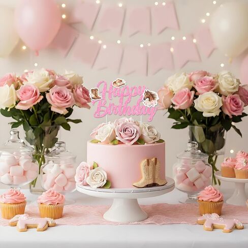Cheereveal Western Cowgirl Birthday Cake Topper, Pink Glitter Horse Happy Birthday Cake Decoration, Horse Theme Party Supplies for Girls Women, Animal Pick for Cowgirl or Horse Racing Bday Party in Saudi Arabia