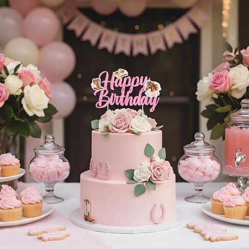 Cheereveal Western Cowgirl Birthday Cake Topper, Pink Glitter Horse Happy Birthday Cake Decoration, Horse Theme Party Supplies for Girls Women, Animal Pick for Cowgirl or Horse Racing Bday Party in Saudi Arabia