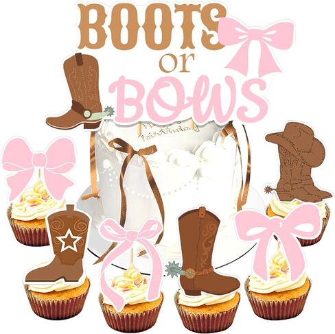 LaVenty Boot or Bows Cake Topper Cowgirl Gender Reveal Cupcake Decor for Cowgirl Cowboy Baby Shower Party Supplies in Saudi Arabia