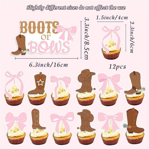 LaVenty Boot or Bows Cake Topper Cowgirl Gender Reveal Cupcake Decor for Cowgirl Cowboy Baby Shower Party Supplies in Saudi Arabia