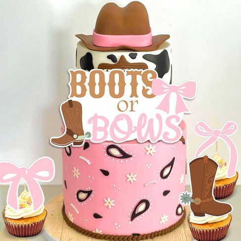 LaVenty Boot or Bows Cake Topper Cowgirl Gender Reveal Cupcake Decor for Cowgirl Cowboy Baby Shower Party Supplies in Saudi Arabia