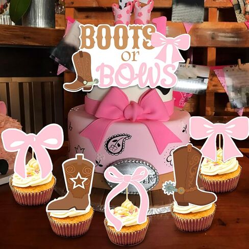 LaVenty Boot or Bows Cake Topper Cowgirl Gender Reveal Cupcake Decor for Cowgirl Cowboy Baby Shower Party Supplies in Saudi Arabia