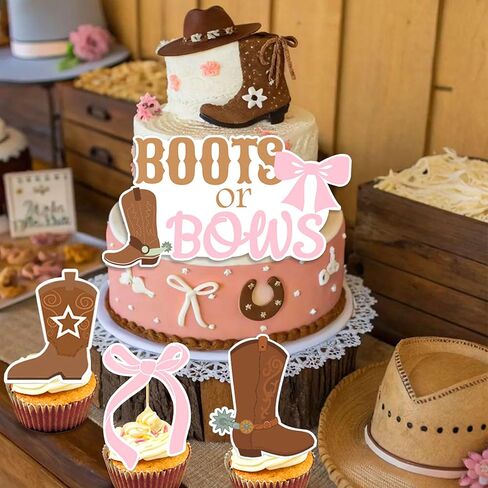 LaVenty Boot or Bows Cake Topper Cowgirl Gender Reveal Cupcake Decor for Cowgirl Cowboy Baby Shower Party Supplies in Saudi Arabia