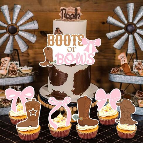 LaVenty Boot or Bows Cake Topper Cowgirl Gender Reveal Cupcake Decor for Cowgirl Cowboy Baby Shower Party Supplies in Saudi Arabia
