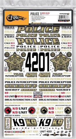 FIRE BRAND RC® Police RC Decals (Golden) Multi-Fit™ Vinyl Decal Sheet (8.5″ x 14″) – for 1:10 Scale RC Vehicles, Solvent and Metallic Inks, Die-Cut, Easy Peel-and-Stick in Saudi Arabia