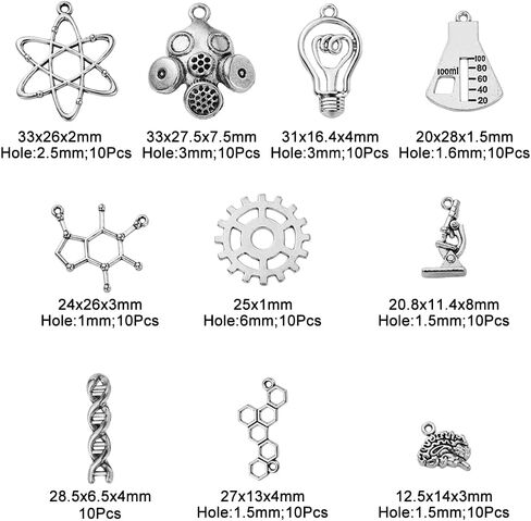 KitBeads 100pcs Tibetan Science Charms Mixed Styles DNA Brain Light Bulb Microscope Lab Theme Biology Chemistry Charm for Jewelry Making Bulk in Kuwait