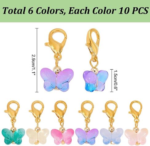 PH PandaHall 60Pcs Glass Butterfly Dangle Charms Crochet Stitch Marker 6 Colors Crystal Glass Charms Pendants With Lobster Claw Clasps For Necklace Earrings Bracelets Keychains Knitting in Saudi Arabia