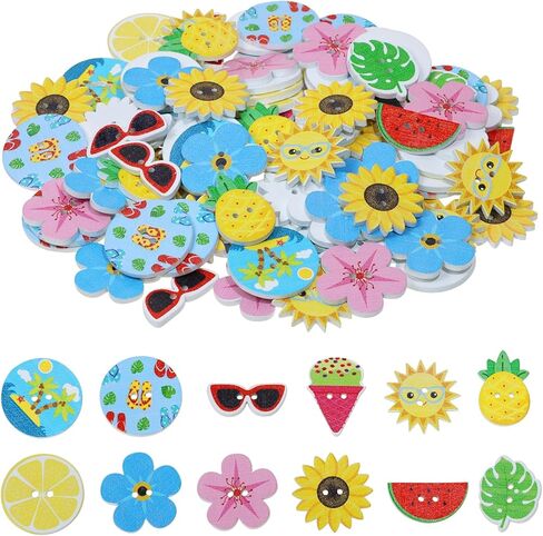Penta Angel Summer Beach Hawaiin Wooden Buttons 50Pcs Tropical Flower Sunglasses Pineapple Watermelon Ice Cream Craft Decorative Buttons for Sewing Clothes Scrapbooking DIY (50) in Saudi Arabia