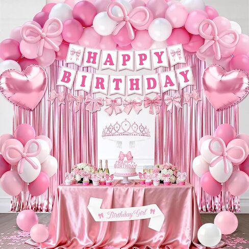 Pink Bow Birthday Decorations, 73PCs Pink Birthday Decorations for Girls Women Included BIRTHDAY GIRL Sash and Tiara Balloons Fringe Curtains Banner Bows Garland and Cake Toppers in Saudi Arabia