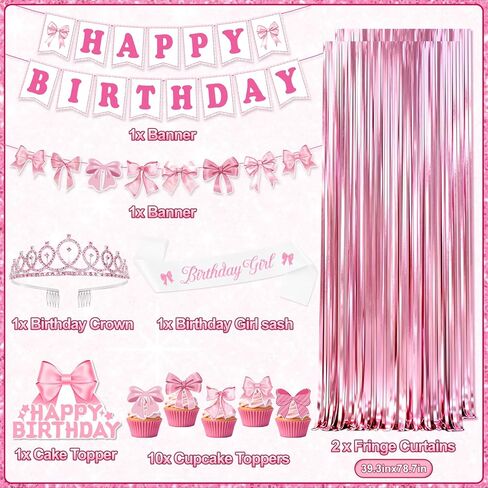 Pink Bow Birthday Decorations, 73PCs Pink Birthday Decorations for Girls Women Included BIRTHDAY GIRL Sash and Tiara Balloons Fringe Curtains Banner Bows Garland and Cake Toppers in Saudi Arabia