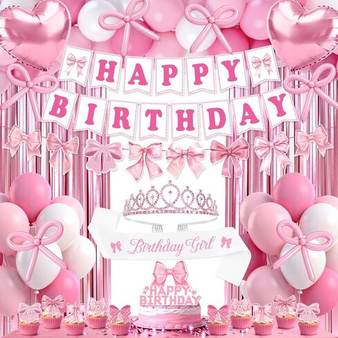Pink Bow Birthday Decorations, 73PCs Pink Birthday Decorations for Girls Women Included BIRTHDAY GIRL Sash and Tiara Balloons Fringe Curtains Banner Bows Garland and Cake Toppers in Saudi Arabia