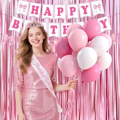 Pink Bow Birthday Decorations, 73PCs Pink Birthday Decorations for Girls Women Included BIRTHDAY GIRL Sash and Tiara Balloons Fringe Curtains Banner Bows Garland and Cake Toppers in Saudi Arabia